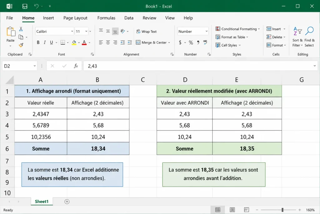 Comparaison entre l'affichage arrondi et la valeur réellement modifiée avec la fonction ARRONDI dans Excel