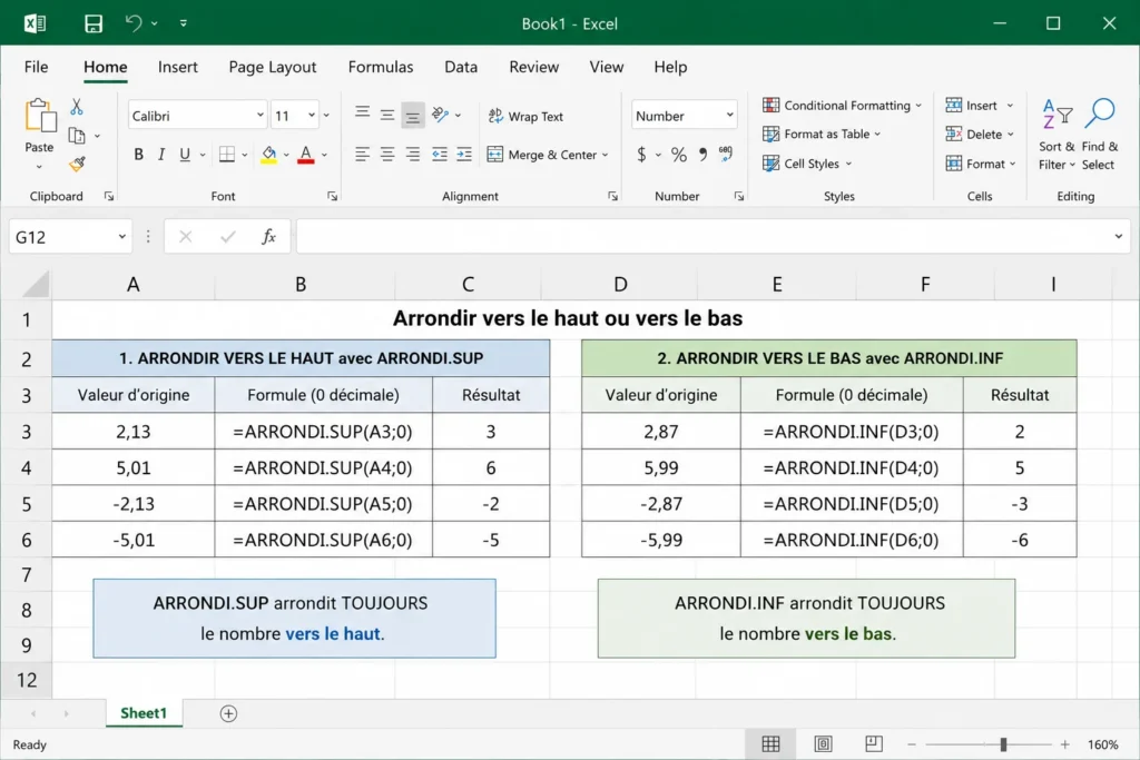 Comparaison entre les fonctions ARRONDI.SUP et ARRONDI.INF dans Excel avec des exemples de résultats