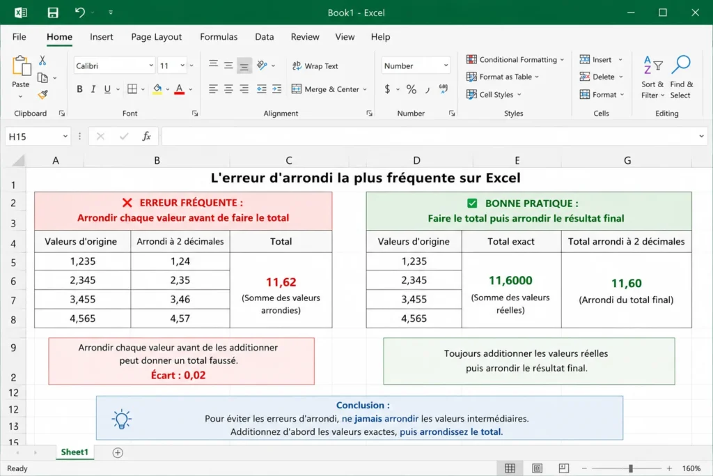 Exemple Excel montrant l'erreur d'arrondi la plus fréquente entre la somme des valeurs arrondies et l'arrondi du total
